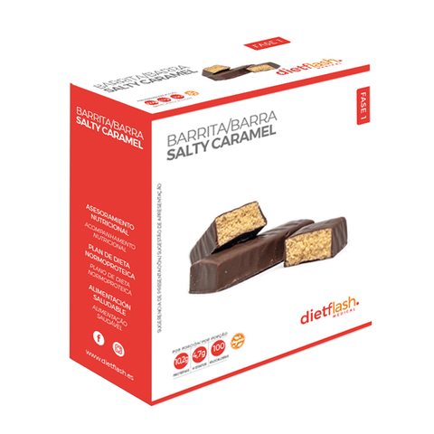 Barrita Salty Caramel DietFlash, sabor caramelo con toque de sal, baja en carbohidratos, apta desde fase 1 para dieta keto o normoproteica