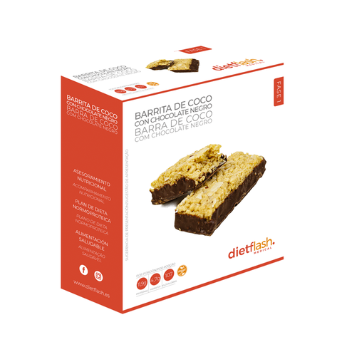 Barritas de coco y chocolate negro DietFlash, 107 kcal y 12g de proteína. Bajas en carbohidratos, aptas desde fase 1 para dieta keto o normoproteica