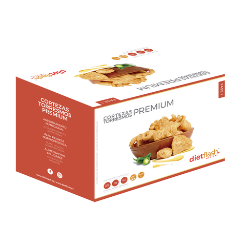 Cortezas Premium proteicas DietFlash con toque picante, cero carbohidratos, sin gluten ni lactosa, aptas para dieta keto desde fase 1