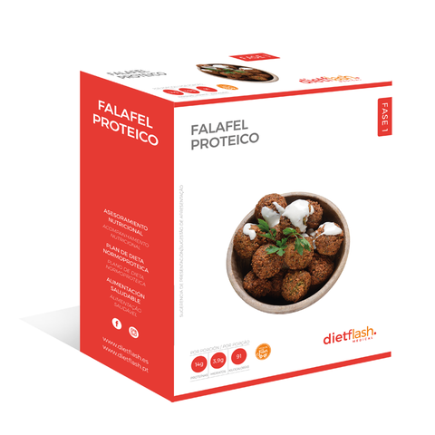 Falafel proteico DietFlash, 14g de proteína vegetal por porción, alto en fibra, sin azúcares añadidos. Opción saludable y sabrosa para dieta equilibrada