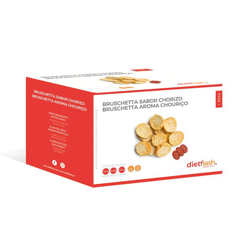Bruschettas proteicas sabor chorizo DietFlash, 14,7g proteína por porción. Apta desde Fase 1 para dieta cetogénica o normoproteica
