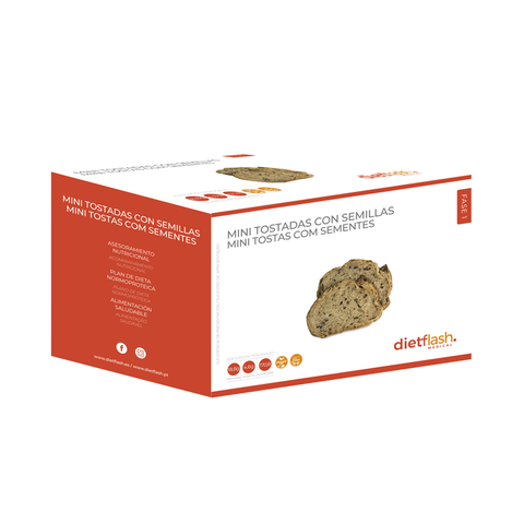 Minitostadas con semillas DietFlash, crujientes y saciantes. Apta desde Fase 1 para dieta cetogénica o normoproteica. Pack de 3 bolsas