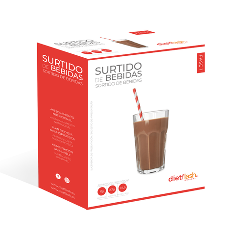 Surtido de bebidas DietFlash en sobres individuales, con sabores cacao, cappuccino y melocotón-mango, apto desde Fase 1 y bajo en hidratos