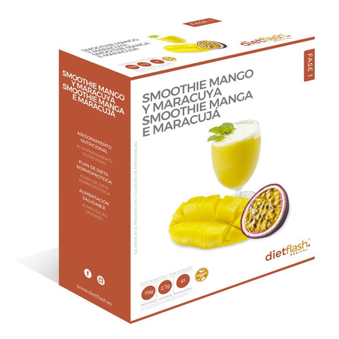 Smoothie en polvo de mango y maracuyá DietFlash, vegano, proteico, bajo en calorías y apto desde fase 1 para dieta keto y nutrición saludable