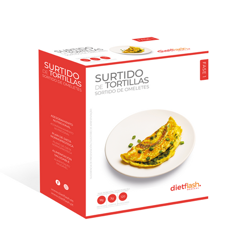 Surtido de tortillas DietFlash, pack de 6 sobres con 3 sabores, 18g de proteína, 112 kcal y solo 1,1g de hidratos. Apto desde Fase 1 para dieta keto
