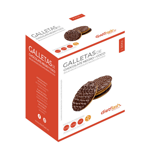 Galletas de coco y chocolate negro DietFlash, aptas desde Fase 1, bajas en carbohidratos, 5 bolsitas individuales. Snack crujiente y saludable