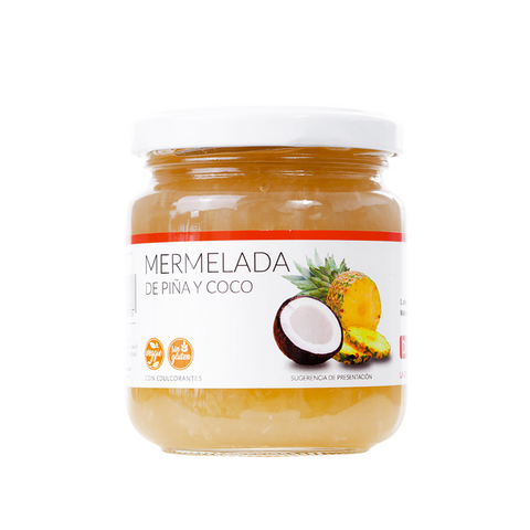 Mermelada de piña y coco DietFlash, sin azúcar añadido. Apta desde Fase 1 para dieta cetogénica o normoproteica, baja en calorías e hidratos