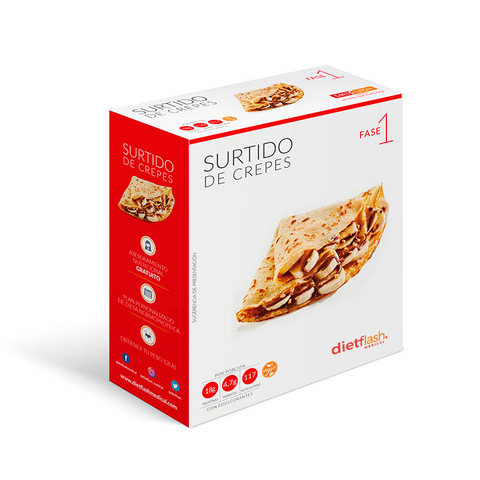 Surtido de crepes DietFlash, con 18g de proteína por ración, solo 98 kcal y bajo en carbohidratos. Apto para dieta keto desde fase 1