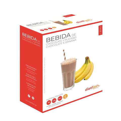 Bebida en polvo sabor chocolate y plátano DietFlash, alta en proteínas y baja en carbohidratos, apta para dietas cetogénicas desde la Fase 1
