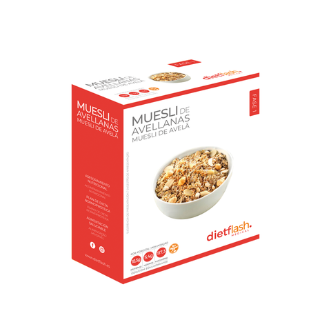 Crema de muesli con avellanas DietFlash, 118 kcal y 18g de proteína. Apta desde Fase 1 para dieta cetogénica o normoproteica. Bajo en carbohidratos