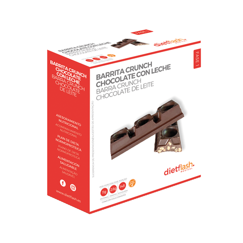 Barrita Crunch de chocolate con leche DietFlash, crujiente y apta desde Fase 1 para dieta keto o proteica, ideal como snack bajo en carbohidratos