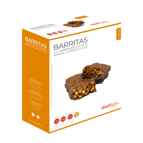 Barritas de cereales y coco DietFlash, 136 kcal, 12g de proteína, bajas en carbohidratos, aptas desde Fase 2 para dieta normoproteica
