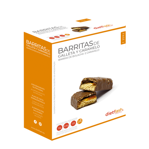 Barrita de galleta y caramelo DietFlash, 133 kcal y 1,4g de azúcar, apta desde Fase 2, caja de 5 unidades (175 g) ideal para control de peso
