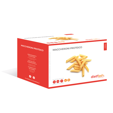 Maccheroni proteico DietFlash, alto en fibra y proteína, apto desde fase 1, ideal para dieta keto o normoproteica con verduras o salsas ligeras
