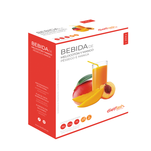 Bebida DietFlash sabor melocotón y mango, alta en proteínas, baja en calorías e hidratos, ideal para dieta keto desde la Fase 1
