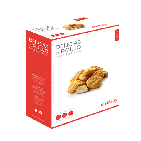 Delicias de pollo tipo nuggets DietFlash, 19g de proteína, solo 106 kcal y 3,3g de hidratos. Apto desde Fase 1 para dieta keto y normoproteica
